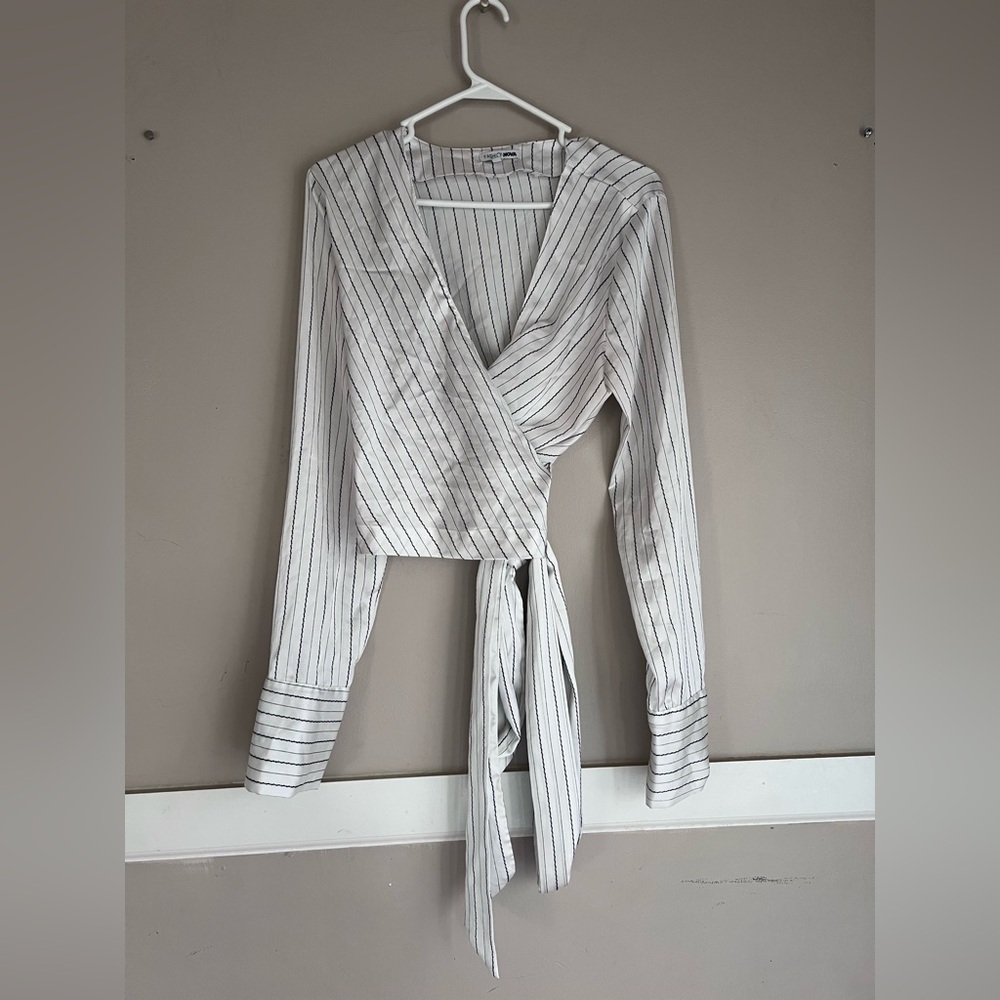 Fashion Nova Pinstripe Wrap Blouse - White
